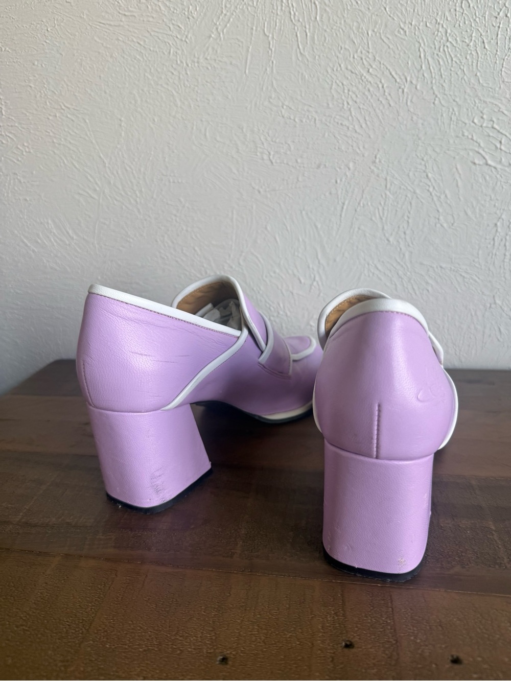 Fluevog Clouds of Joy Nimbus Lavender Block Heel Loafers with White Trim - Picture 2 of 6